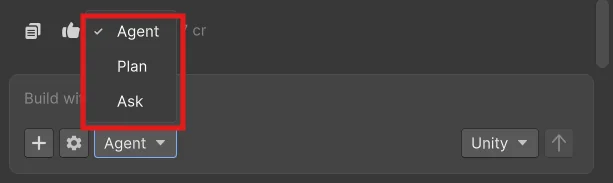 Unity AI Assistant window showing the Ask, Plan, and Agent mode selector