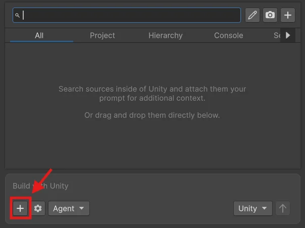 The + button in the Assistant prompt field used to attach GameObjects, assets, Console logs, and screenshots