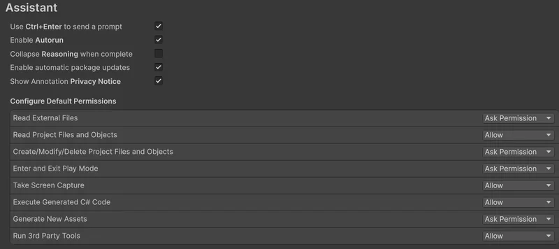 The Edit > Preferences > AI > Assistant screen showing Allow, Ask Permission, Deny permissions and the Autorun toggle