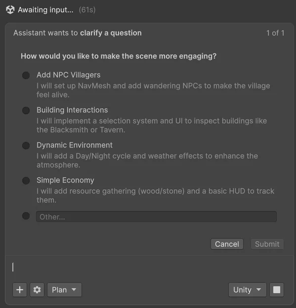 The Assistant asking clarifying questions in Plan mode to scope the implementation