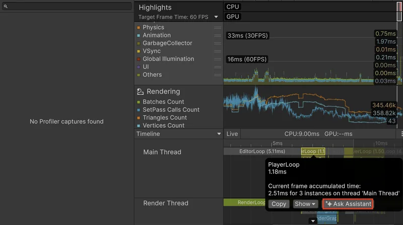 Unity Profiler Timeline view showing sample selection and Ask Assistant button for analysis