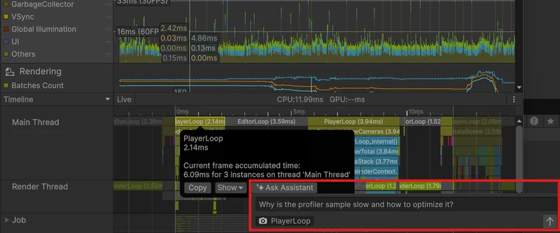 The Unity Profiler Timeline view with a sample selected, requesting performance analysis via Ask Assistant