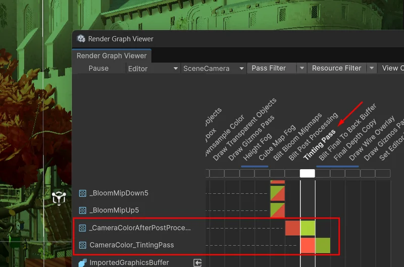Render Graph Viewer에서 TintingPass가 Blit Post Processing 직후에 위치한 패스 목록 화면
